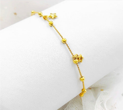 Tornozeleira Bolinhas E Estrelas Dourada Folheada A Ouro 18k