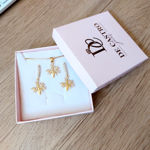 Conjunto Colar E Brinco Pedra Zirconia Árvore Da Vida F Ouro