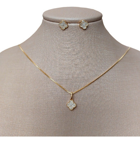 Conjunto Colar Brinco Trevo 4 Folhas Pedra Zircônia Semijoia