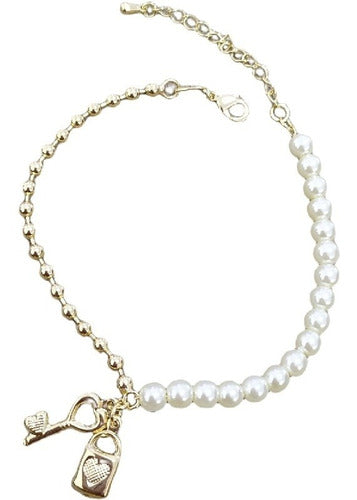 Pulseira Pérola Noiva F Ouro Semi Joia Cadeado Chave Coração