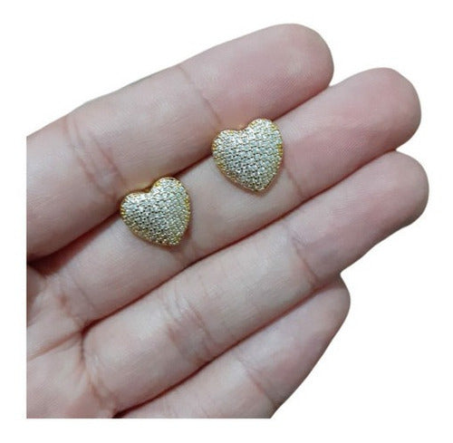Brinco Pedra Zirconia Coração Dourado F. Ouro 18k Noiva Fest