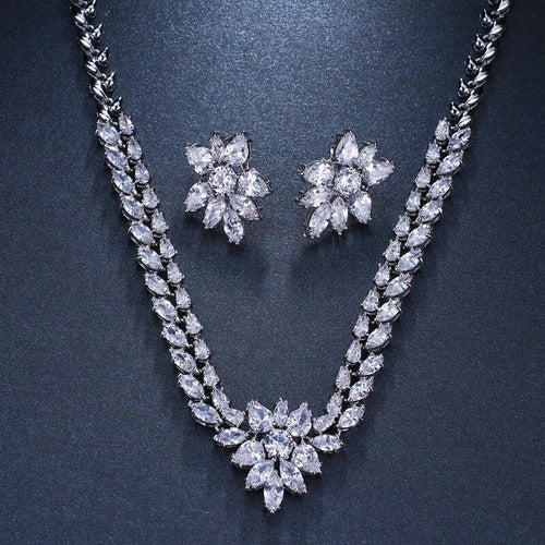 Conjunto Colar E Brinco Noiva Zircônia Prata Festa Debutante