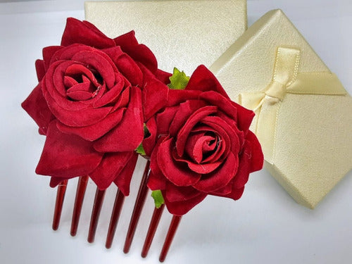 Enfeite Arranjo Cabelo Noiva Flor Dupla Tecido Rosa Vermelha