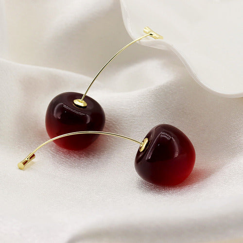 Brinco Cereja Cherry Festa Folheado Ouro Pendurado Vermelho