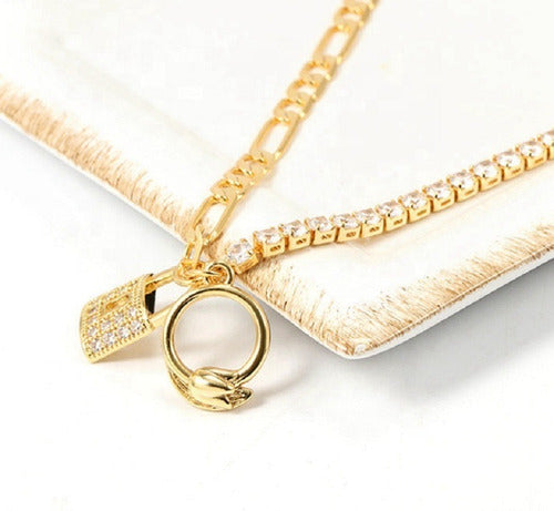 Pulseira Bracelete Dourada Cadeado Pedra Zircônia Riviera