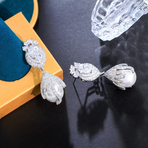 Brinco Noiva Zirconia Pérola Prata Delicado Luxo Grande Gota