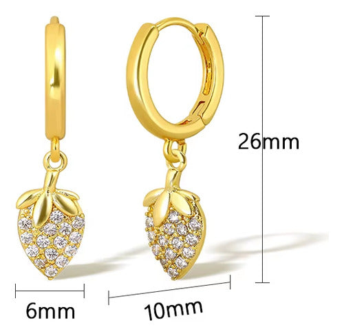 Brinco Argola Pingente Morango Pedra Zirconia Banha Ouro 18k