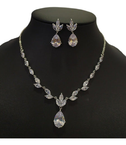 Conjunto Colar Brinco Noiva Pedra Zirconia Prata Gota Festa