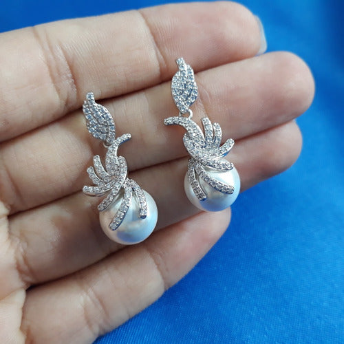 Brinco Noiva Zirconia E Pérola Prata Delicado Luxo