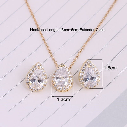 Conjunto Colar Brinco Noiva Pedra Zirconia Prata Dourad Gota