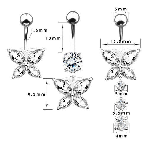 Piercing De Umbigo Prata  Borboleta Zirconia Aço Cirúrgico