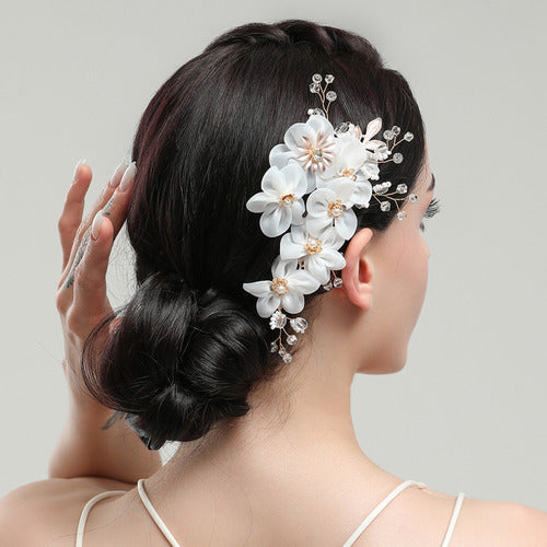 Arranjo Cabelo Noiva Dourado Stras Pérola Flor Tecido Branco