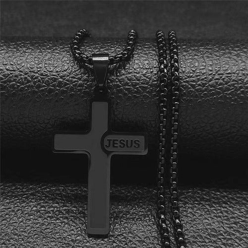 Corrente Masculina Aço Inox Cruz Jesus Preta Prata 60 Cm