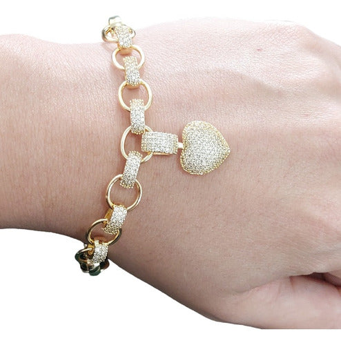 Pulseira Bracelete F. Ouro 18k Com Zircônia Pingente Coração