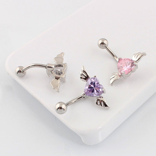 Piercing De Umbigo Invertido Prata Zirconia Coração Rosa Rox