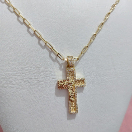 Colar Cruz Crucifixo Jesus Masculino Zirconia Banhado Ouro