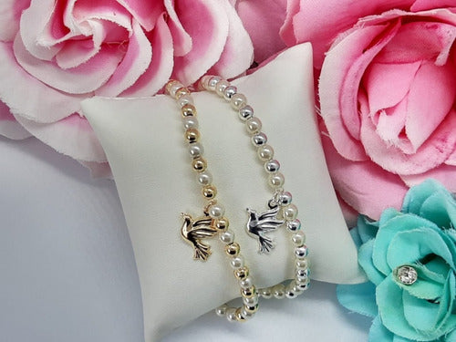 Pulseira Perola E Pingente Pombinha Da Paz F. Ouro Semi Joia