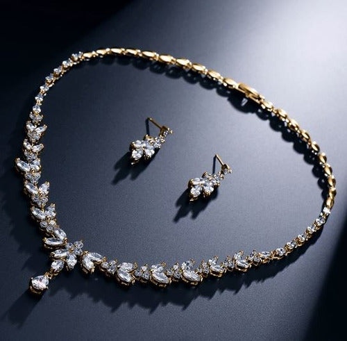 Colar E Brinco Noiva Zircônia Dourado Festa Debutante Luxo