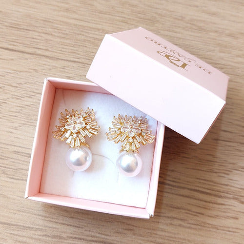 Brinco Zirconia E Pérola Pequeno Delicado Festa Dourado Luxo