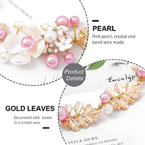 Arranjo Enfeite Cabelo Noiva Dama Dourado Strass Perola Rosa