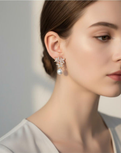 Brinco Noiva Zirconia Pérola  Dourado Pequeno Luxo