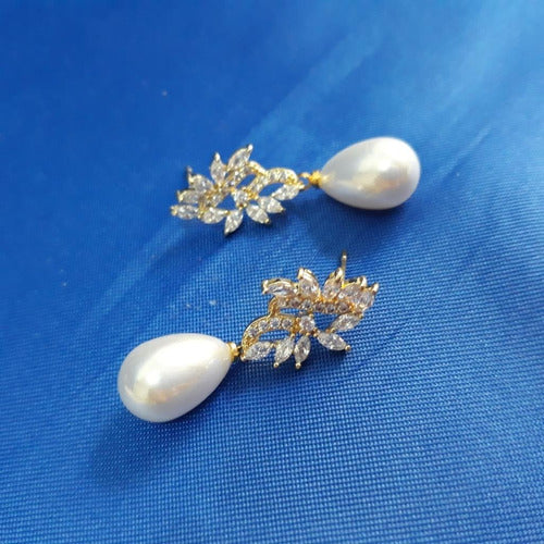 Brinco Pérola E Zirconia Noiva Pequeno Delicado Dourado Gota