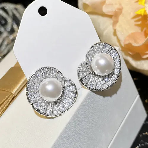 Brinco Pérola Redondo Zirconia Noiva Prata Fixo Caracol Prateado