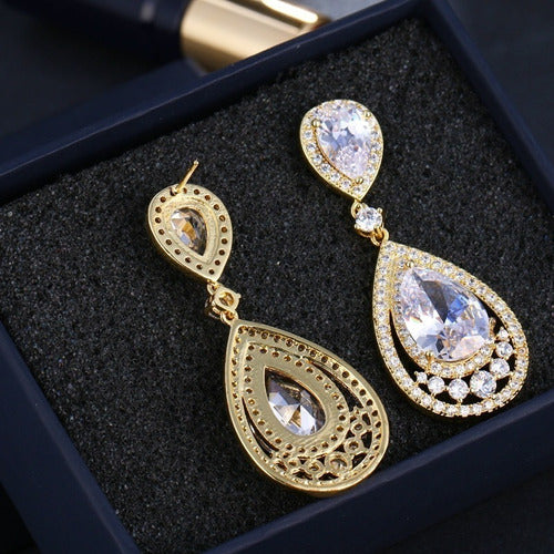 Brinco Noiva Pedra Zirconia Dourado Gota Debutante Grande