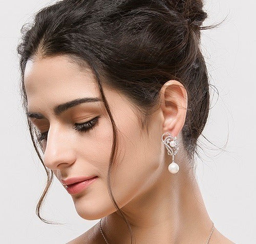 Brinco Pérola E Zirconia Noiva Delicado Prata Grande Luxo