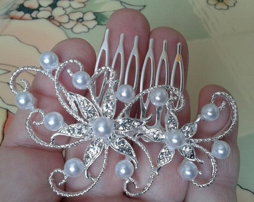 Arranjo Enfeite Cabelo Noiva Strass Perola Prata Debutante