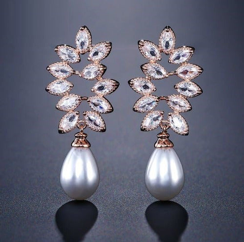 Brinco Pérola E Zirconia Noiva Dourado Gota Pendurado Luxo