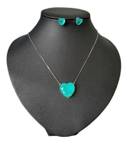 Conjunto Colar E Brinco Coração Pedra Zirconia Fusion Verde