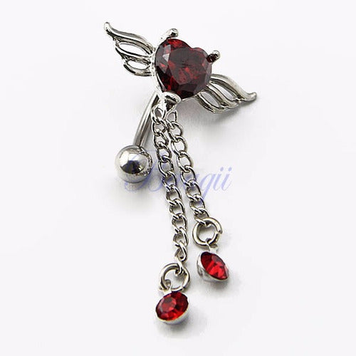 Piercing De Umbigo Invertido Zirconia Coração Prata Vermelho