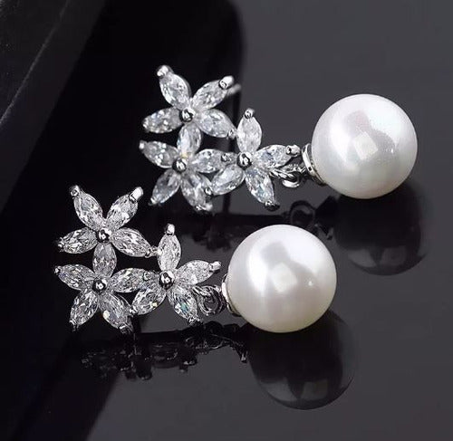 Brinco Noiva Zirconia E Pérola Prata Delicado Luxo