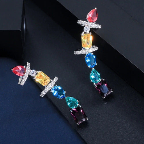 Par De Brinco Ear Cuff Zirconia Colorido Prata Rodio Festa