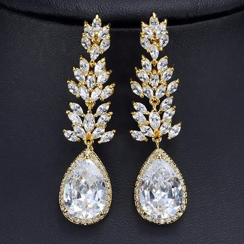 Brinco Noiva Zirconia Dourado Pendurado Festa Debutante Luxo