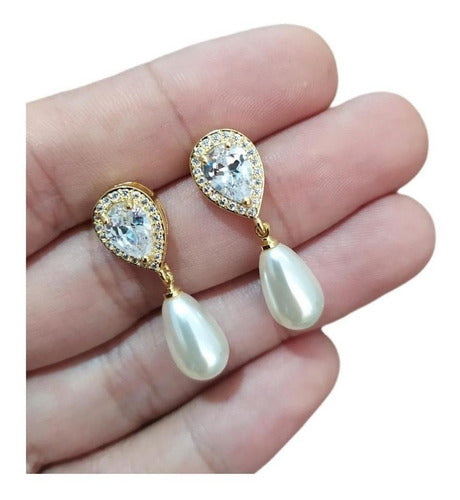 Brinco Noiva Zirconia E Pérola Dourado Delicado Luxo
