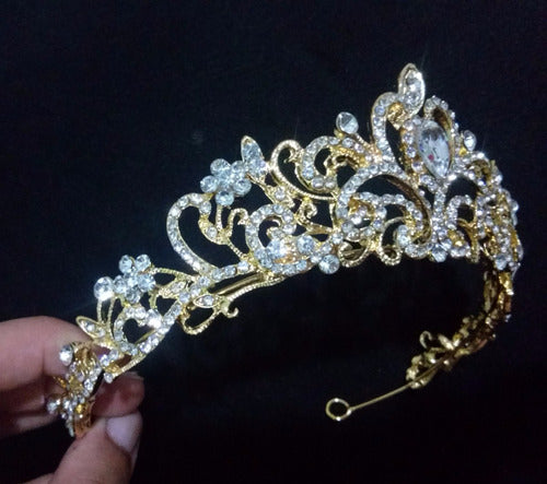 Coroa Tiara Arranjo Cabelo Noiva Strass Dourada Debutante