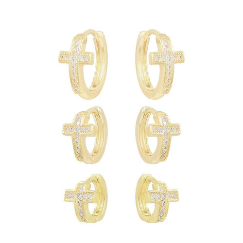 Brinco Trio Argola Cruz Pedra Zirconia Folheado Ouro Dourado