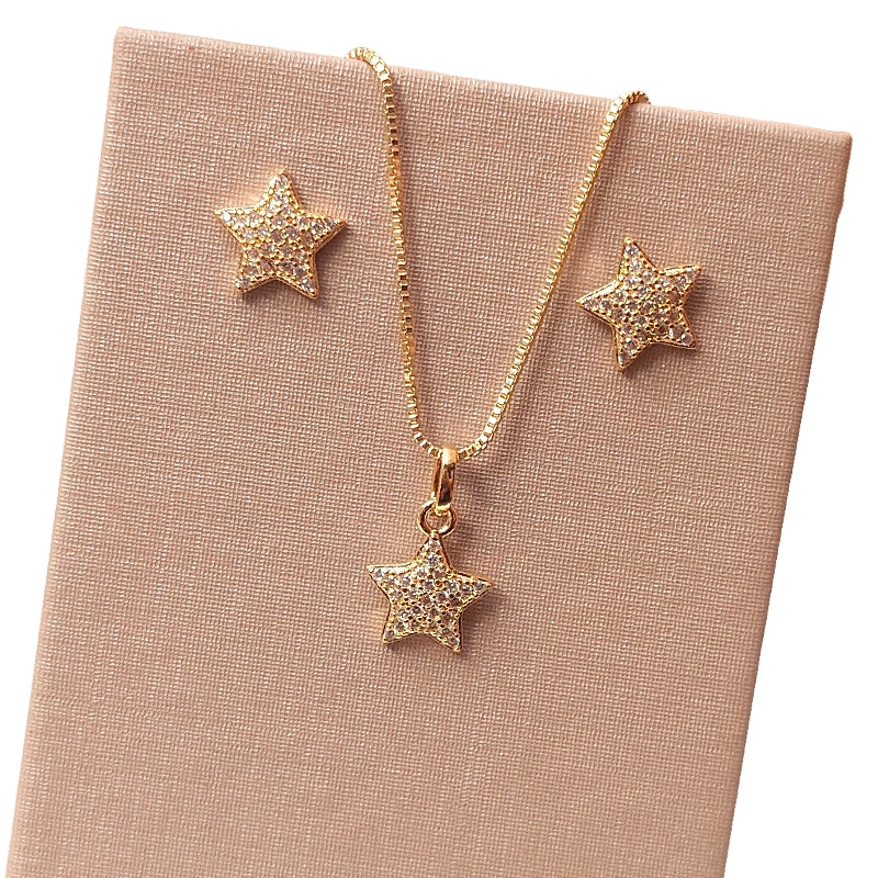 Conjunto Colar E Brinco Pedra Zirconia Estrela Banhado Ouro