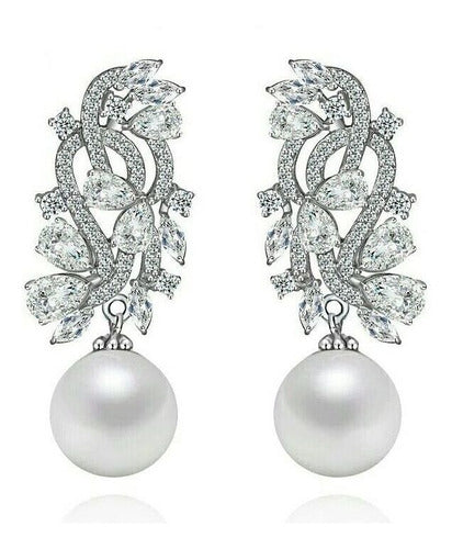Brinco Zirconia E Pérola Prata Noiva Pendurado Delicado Fest