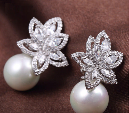 Brinco Zirconia E Pérola Noiva Pequeno Delicado Festa Luxo