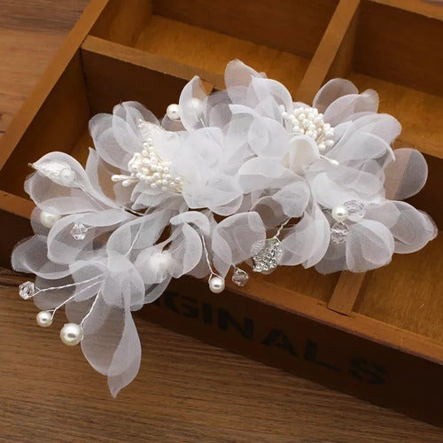 Enfeite Arranjo Cabelo Noiva Perola Strass Tecido Branco