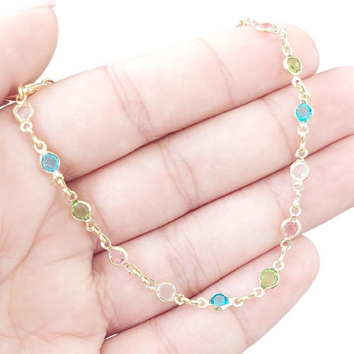Pulseira Infantil Bebê Pedras Coloridas 14 Cm Folheada Ouro