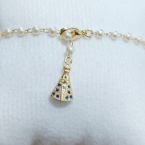 Pulseira Dourada Zircônia E Pérola Ns Aparecida Religioso