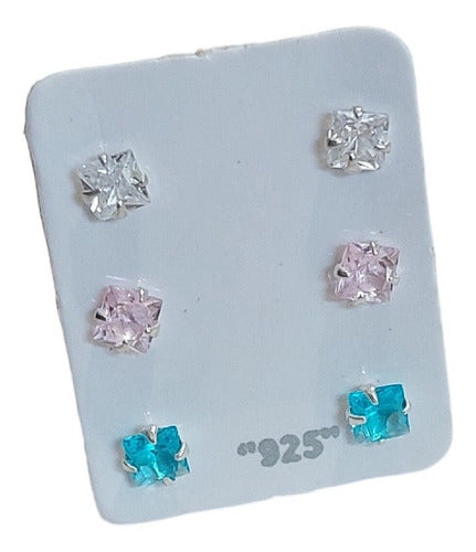 Trio Brinco Pedra Zirconia Ponto De Luz Prata 925 Colorido