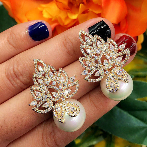 Brinco Noiva Zirconia Perola Pendurado Dourado Rosê Festa