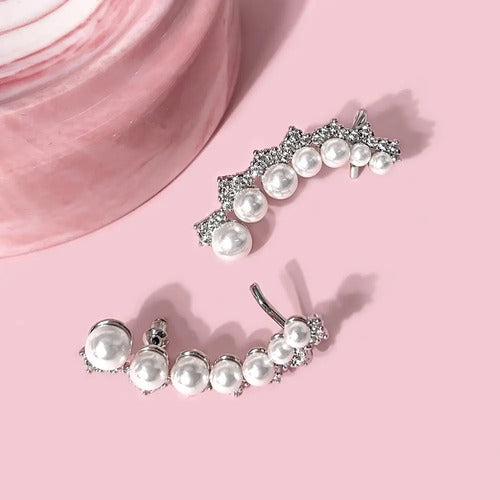 Brinco Ear Cuff Noiva Zirconia Perola Prata Festa Debutante