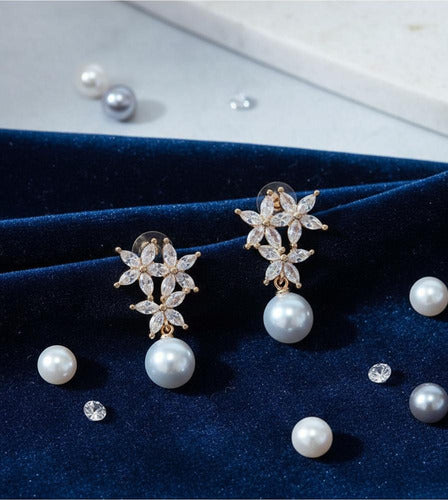 Brinco Noiva Zirconia Pérola  Dourado Pequeno Luxo