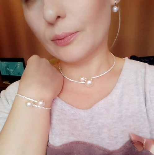 Colar Chocker E Pulseira Riviera Strass Pérola Noiva Festa